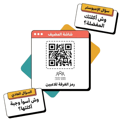رسم توضيحي: شاشة مضيف مع رمز QR وبطاقتا سؤال عادي وسؤال إمبوستر